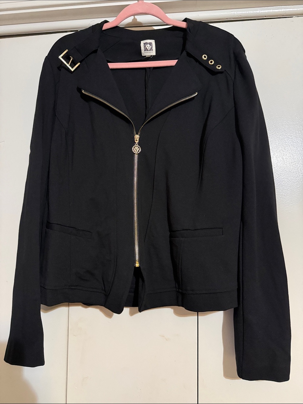 Anne Klein Black Zip-Front Bomber Jacket with Gold Hardware